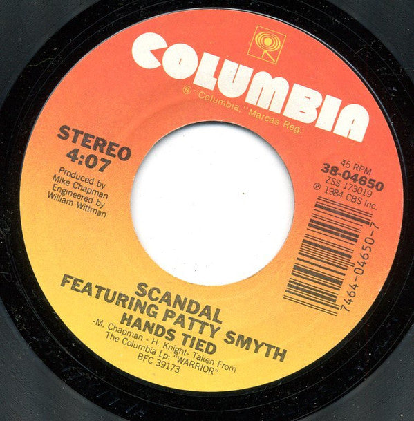 Scandal (4) Featuring Patty Smyth : Hands Tied (7", Single, Styrene)
