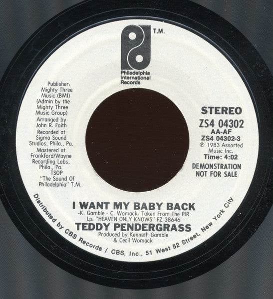 Teddy Pendergrass : I Want My Baby Back (7", Promo, Styrene)