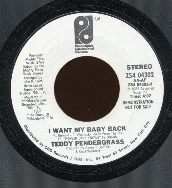 Teddy Pendergrass : I Want My Baby Back (7", Promo, Styrene)