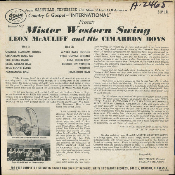 Leon McAuliffe And His Cimarron Boys : Mister Western Swing (LP, Mono, Styrene)