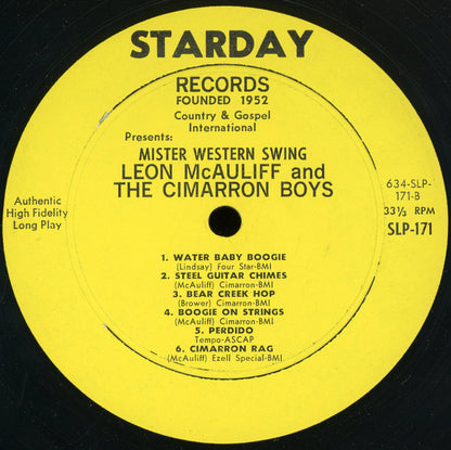 Leon McAuliffe And His Cimarron Boys : Mister Western Swing (LP, Mono, Styrene)