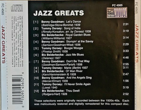 Benny Goodman, Tommy Dorsey, Bix Beiderbecke : Jazz Greats (CD, Comp)