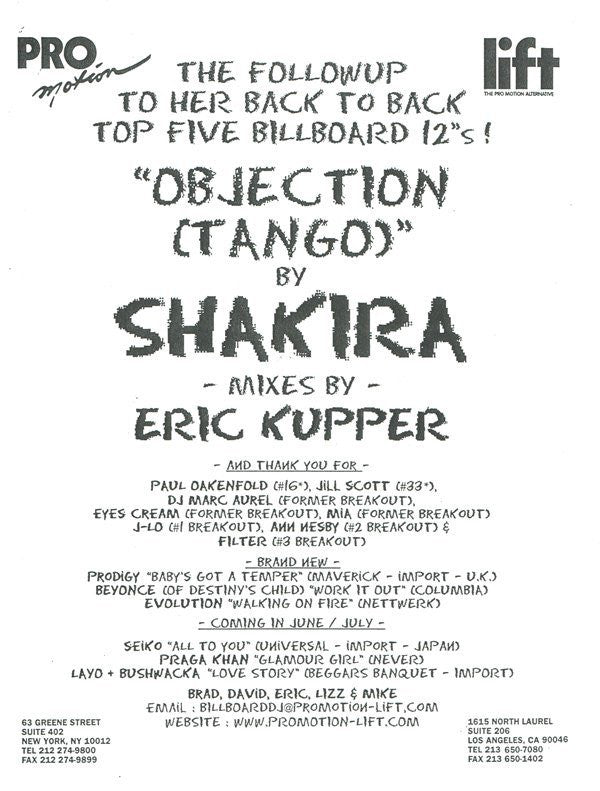 Shakira : Objection (Tango) Remixes By Eric Kupper  (12", Single, Promo)
