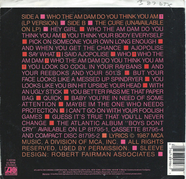 Boys Don't Cry : Who The Am Dam Do You Think You Am? (7", Promo)