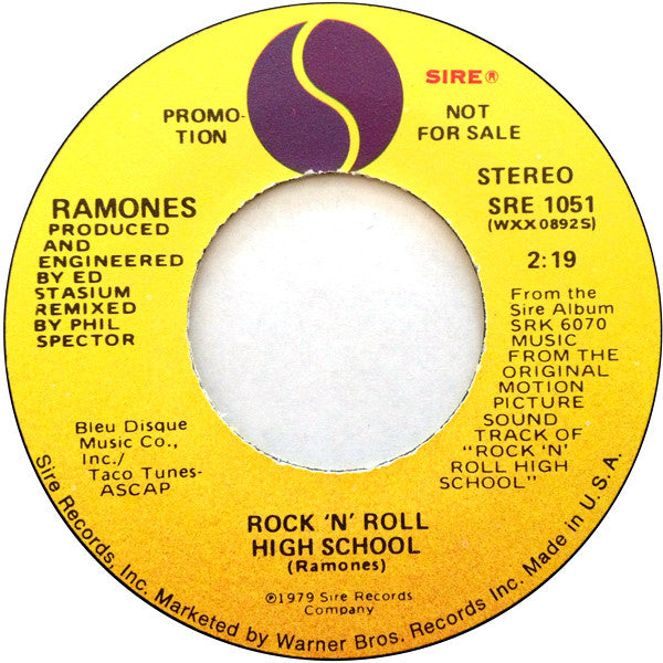 Ramones : Rock 'N' Roll High School (7", Single, Mono, Promo, L.A)