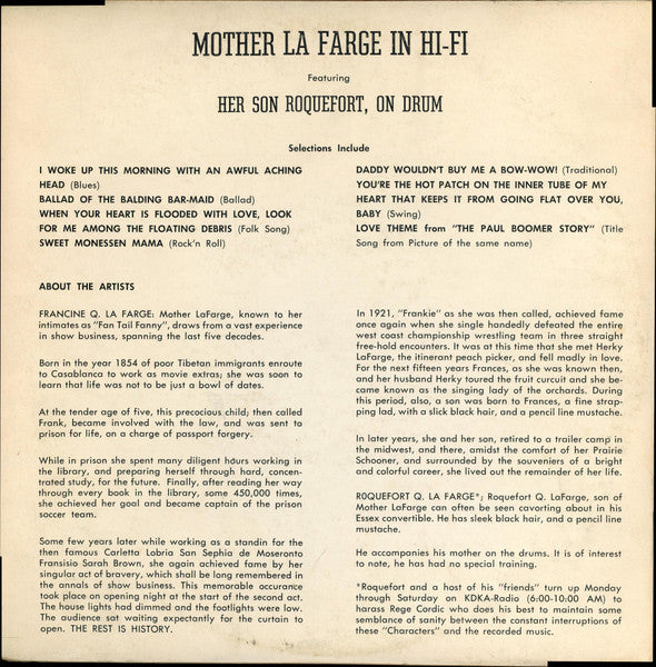 Rege Cordic, Bob Trow, Art Pallan, Bob Tracey (2), Cordic, Inc. : Mother La Farge In Hi-Fi (10", S/Sided)