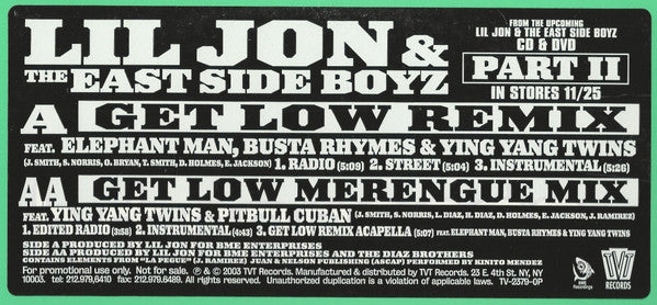 Lil' Jon & The East Side Boyz : Get Low (Remix) / Get Low (Merengue Mix) (12", Promo)