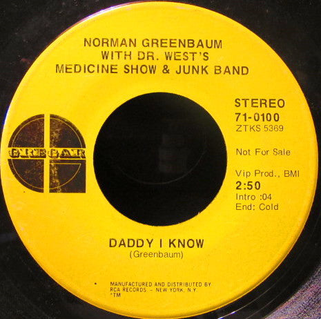 Norman Greenbaum With Dr. West's Medicine Show And Junk Band : Gondoliers, Shakespeares, Overseers, Playboys And Bums (7", Single, Promo)