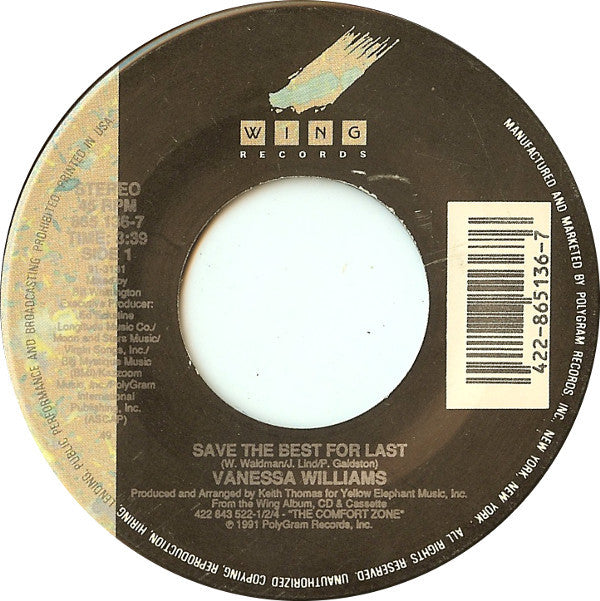 Vanessa Williams : Save The Best For Last (7")