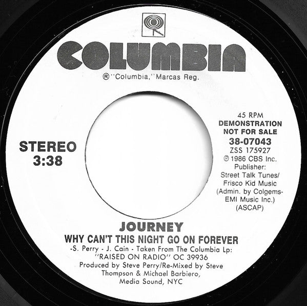 Journey : Why Can't This Night Go On Forever (7", Promo, Styrene)