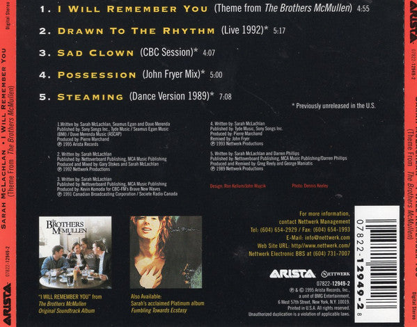 Sarah McLachlan : I Will Remember You (CD, Maxi, Son)