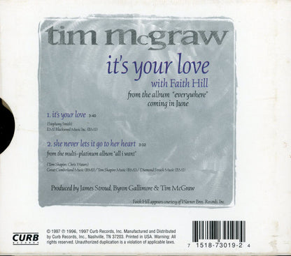 Tim McGraw With Faith Hill : It's Your Love (CD, Single)