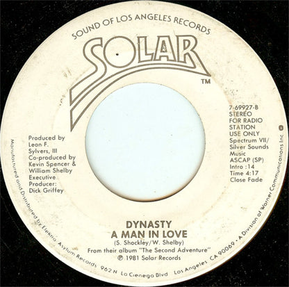 Dynasty : Strokin' / A Man In Love (7", Promo)