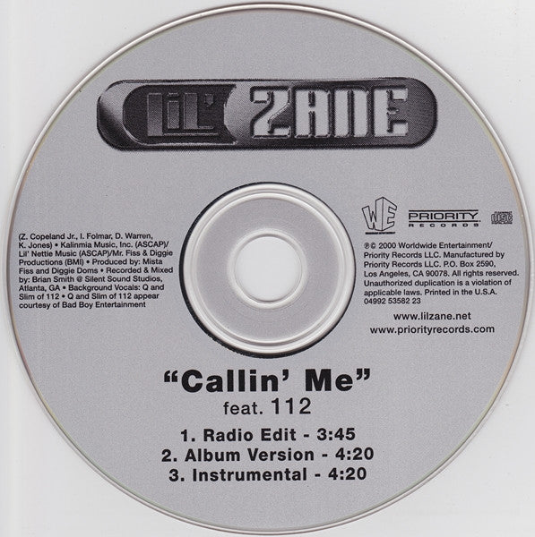 Lil' Zane Feat. 112 : Callin’ Me (CD, Single)