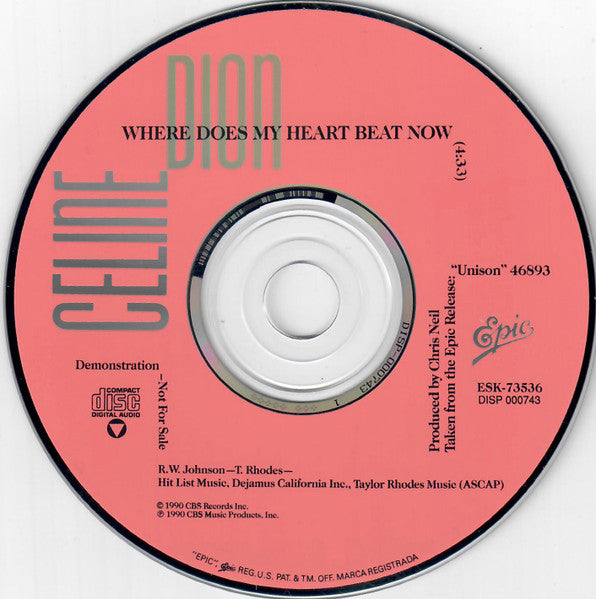 Céline Dion : Where Does My Heart Beat Now (CD, Single, Promo)