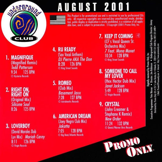 Various : Promo Only Underground Club: August 2001 (CD, Comp, Promo)