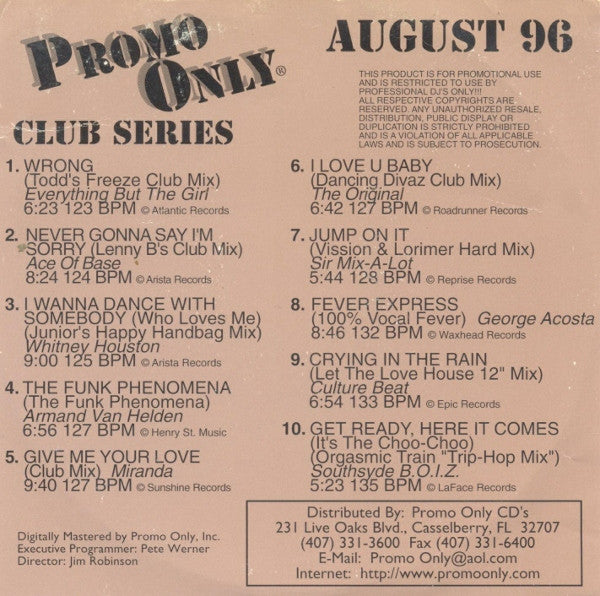 Various : Promo Only Club Series: August 96 (CD, Comp, Promo)