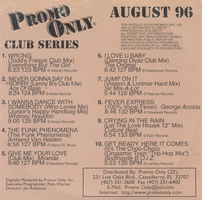 Various : Promo Only Club Series: August 96 (CD, Comp, Promo)