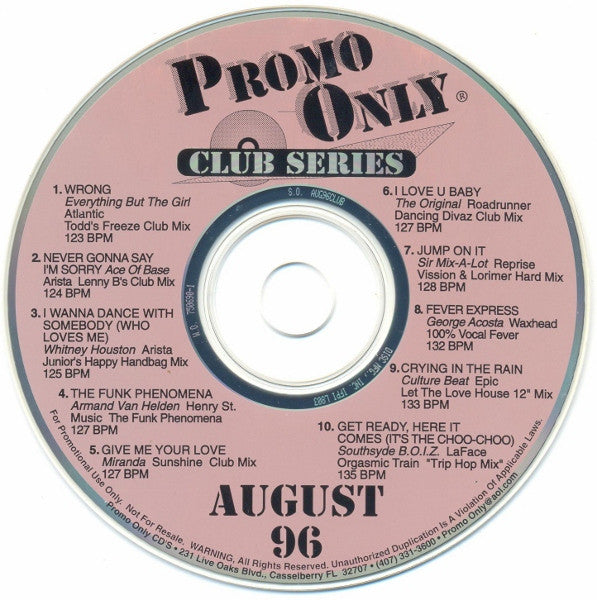 Various : Promo Only Club Series: August 96 (CD, Comp, Promo)