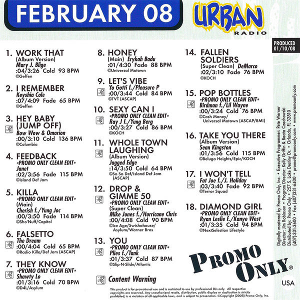 Various : Promo Only Urban Radio: February 2008 (CD, Comp, Promo)