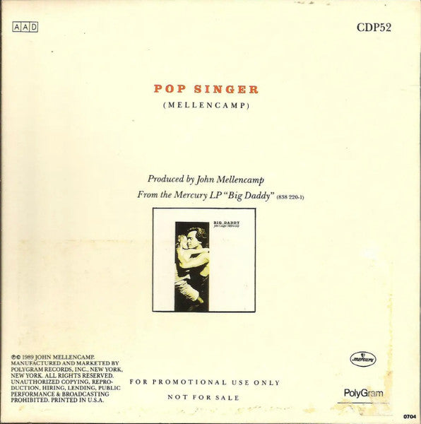 John Cougar Mellencamp : Pop Singer (CD, Single, Promo)