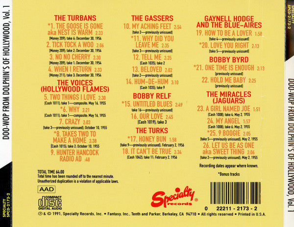 Various : Doo-Wop From Dolphin's Of Hollywood Vol.1 (CD, Comp)