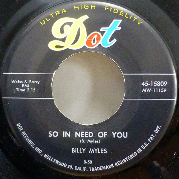 Billy Myles : King Of Clowns / So In Need Of You (7")