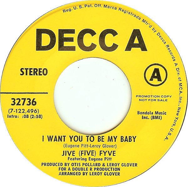The Jive Five Featuring Eugene Pitt : I Want You To Be My Baby (7", Single, Promo)