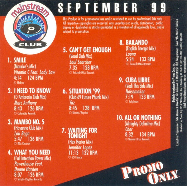 Various : Promo Only Mainstream Club: September 99 (CD, Comp, Promo)
