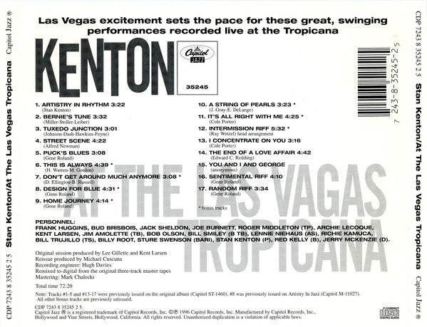 Stan Kenton : Kenton Live From The Las Vegas Tropicana (CD, Album, Promo, RE, RM)