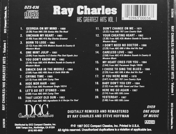 Ray Charles : His Greatest Hits Vol. 1 (CD, Comp, RM)