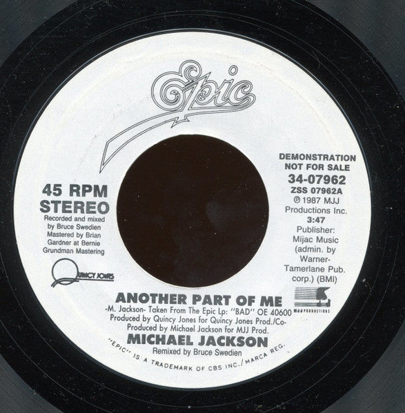 Michael Jackson : Another Part Of Me (7", Promo, Styrene)