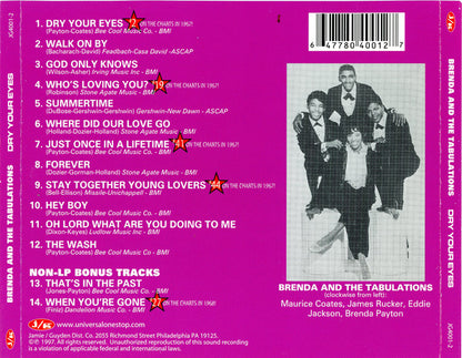 Brenda & The Tabulations : Dry Your Eyes (CD, Album, Mono, RE)