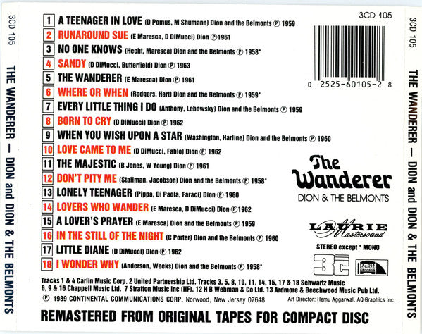 Dion (3), Dion & The Belmonts : The Wanderer: 18 Original Hit Recordings By Dion And Dion And The Belmonts 1958-1963 (CD, Comp, Mono)