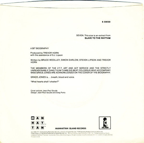Grace Jones : Slave To The Rhythm (7", Promo)