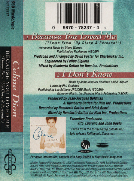 Céline Dion : Because You Loved Me (Theme From "Up Close & Personal") (Cass, Single)