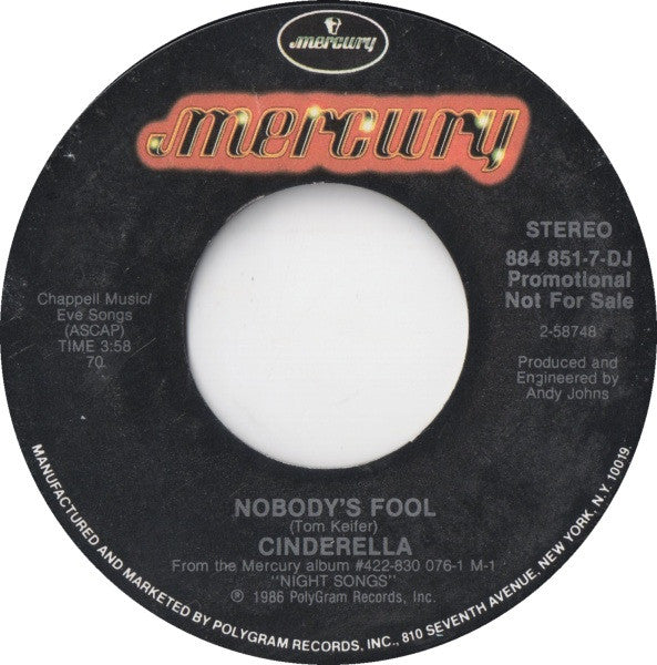 Cinderella (3) : Nobody's Fool (7", Promo, Styrene)