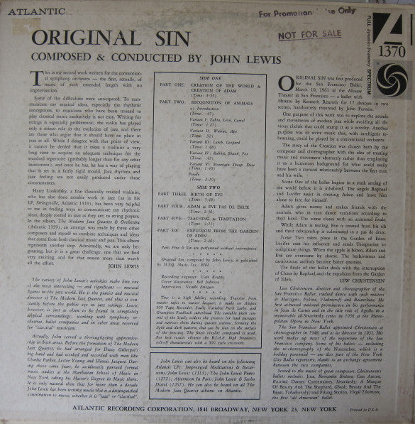 John Lewis (2) : Original Sin (Music For Ballet Composed By John Lewis) (LP, Mono, Promo)