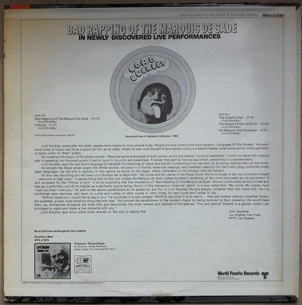 Lord Buckley : Bad Rapping Of The Marquis De Sade (LP)
