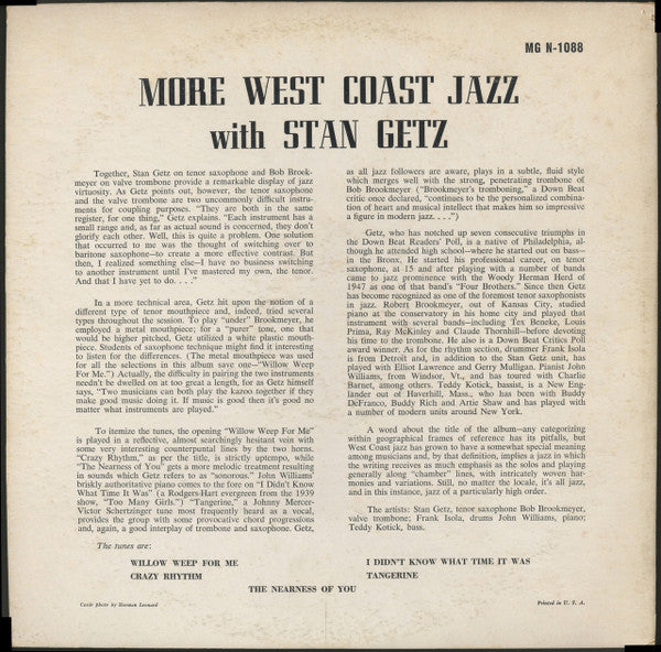 Stan Getz : More West Coast Jazz (By Stan Getz) (LP, Album, Comp, Mono)