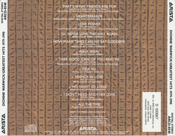 Dionne Warwick : Greatest Hits 1979-1990 (CD, Comp, Club, RE)