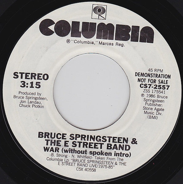 Bruce Springsteen & The E-Street Band : War (7", Single, Promo, Styrene)