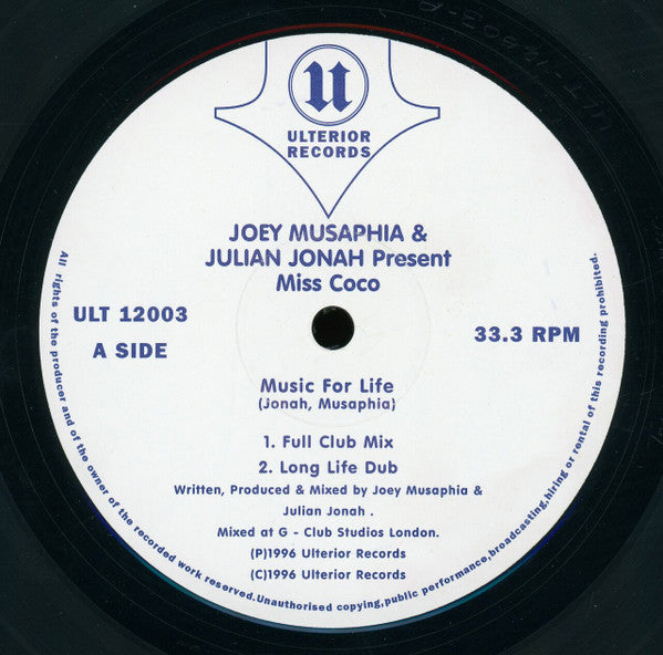 Joey Musaphia & Julian Jonah Present Miss Coco : Music For Life / Why Don't You Dance (12")