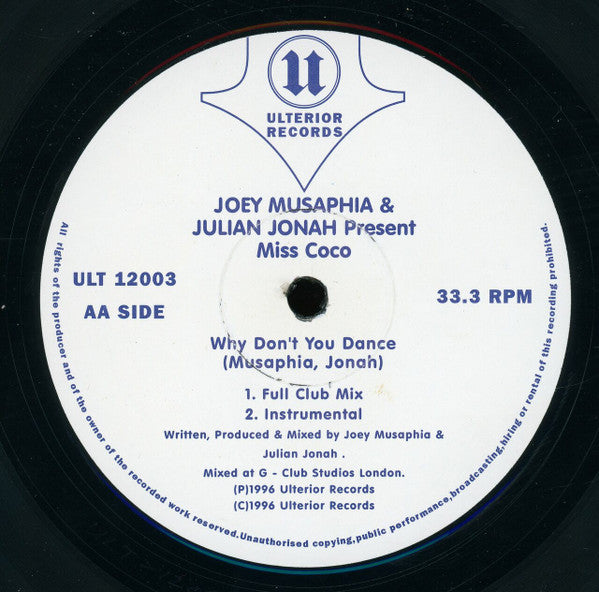 Joey Musaphia & Julian Jonah Present Miss Coco : Music For Life / Why Don't You Dance (12")
