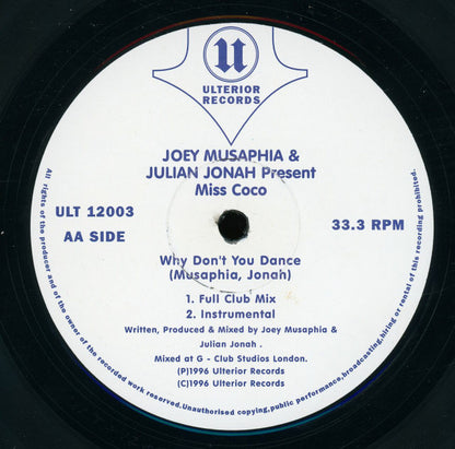 Joey Musaphia & Julian Jonah Present Miss Coco : Music For Life / Why Don't You Dance (12")