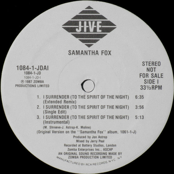 Samantha Fox : Naughty Girls (Need Love Too) / I Surrender (To The Spirit Of The Night) (12", Promo)