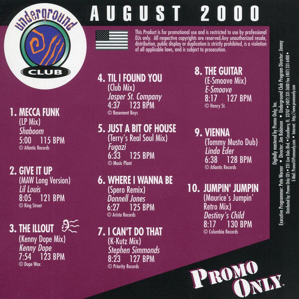 Various : Promo Only Underground Club: August 2000 (CD, Comp, Promo)