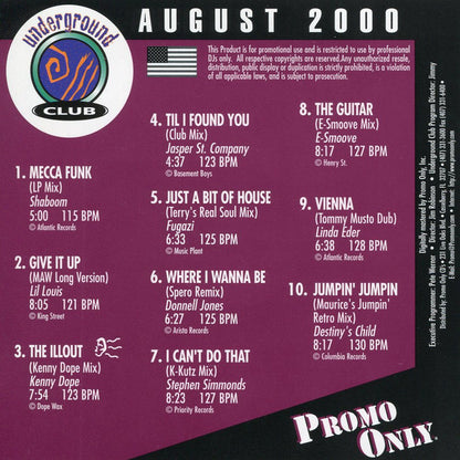 Various : Promo Only Underground Club: August 2000 (CD, Comp, Promo)