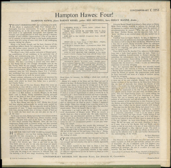 Hampton Hawes !!!! With Barney Kessel, Shelly Manne & Red Mitchell : Four! (LP, Album, Mono)
