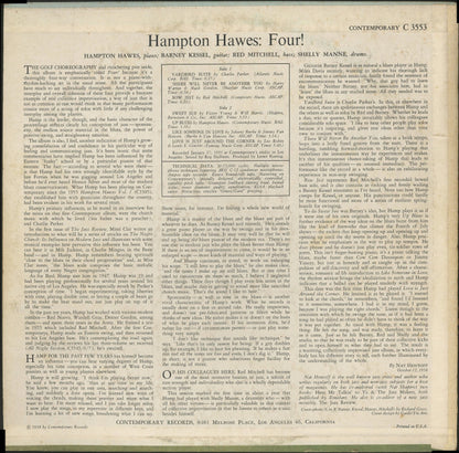 Hampton Hawes !!!! With Barney Kessel, Shelly Manne & Red Mitchell : Four! (LP, Album, Mono)